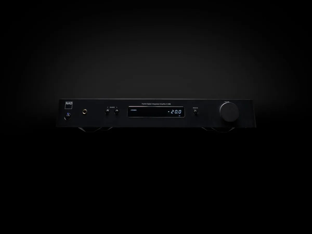 NAD C 338 Integrated Streaming Amplifier - [2x50W DAC BT Wi-Fi USB Phono] black-on-black view at Toma Audio