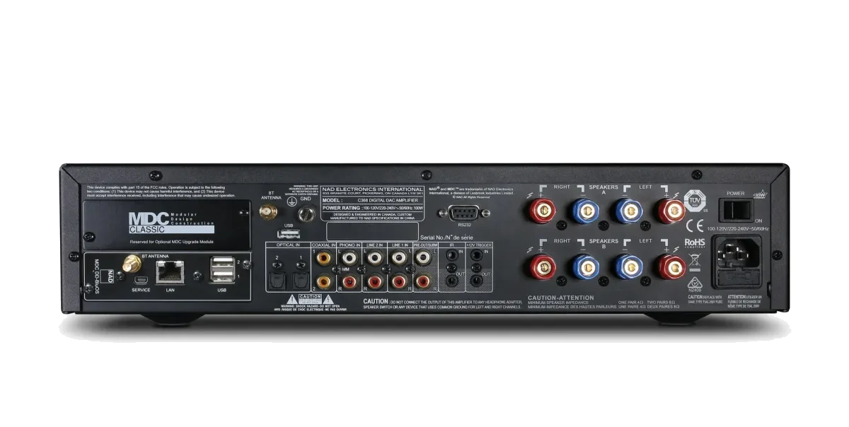NAD C 368 Integrated Streaming Amplifier - [2x80W DAC USB BT Wi-Fi BluOS Phono] rear panel at Toma Audio