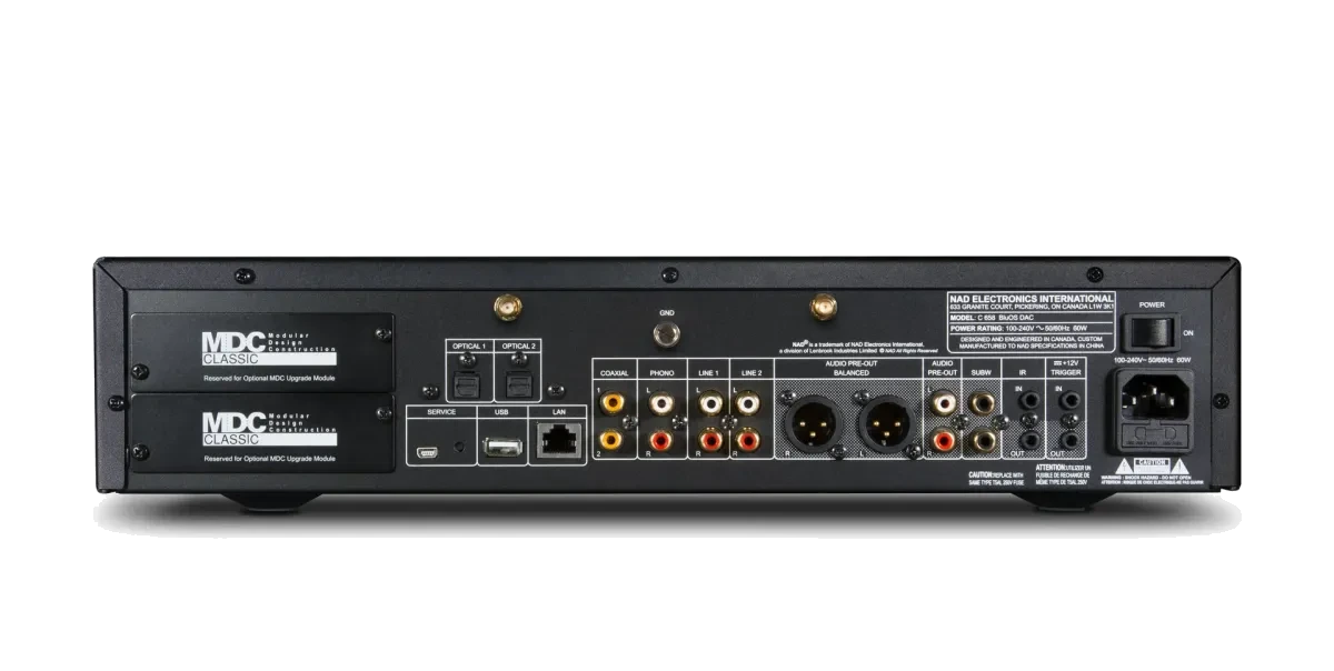 NAD C 658 Streaming Dac and Preamplifier - [DAC PRE USB BT Wi-Fi BluOS Phono] rear panel at Toma Audio