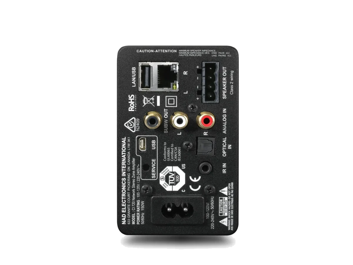 NAD CI 720 v2 [2x60W DAC Wi-Fi BluOS USB] rear panel at Toma Audio