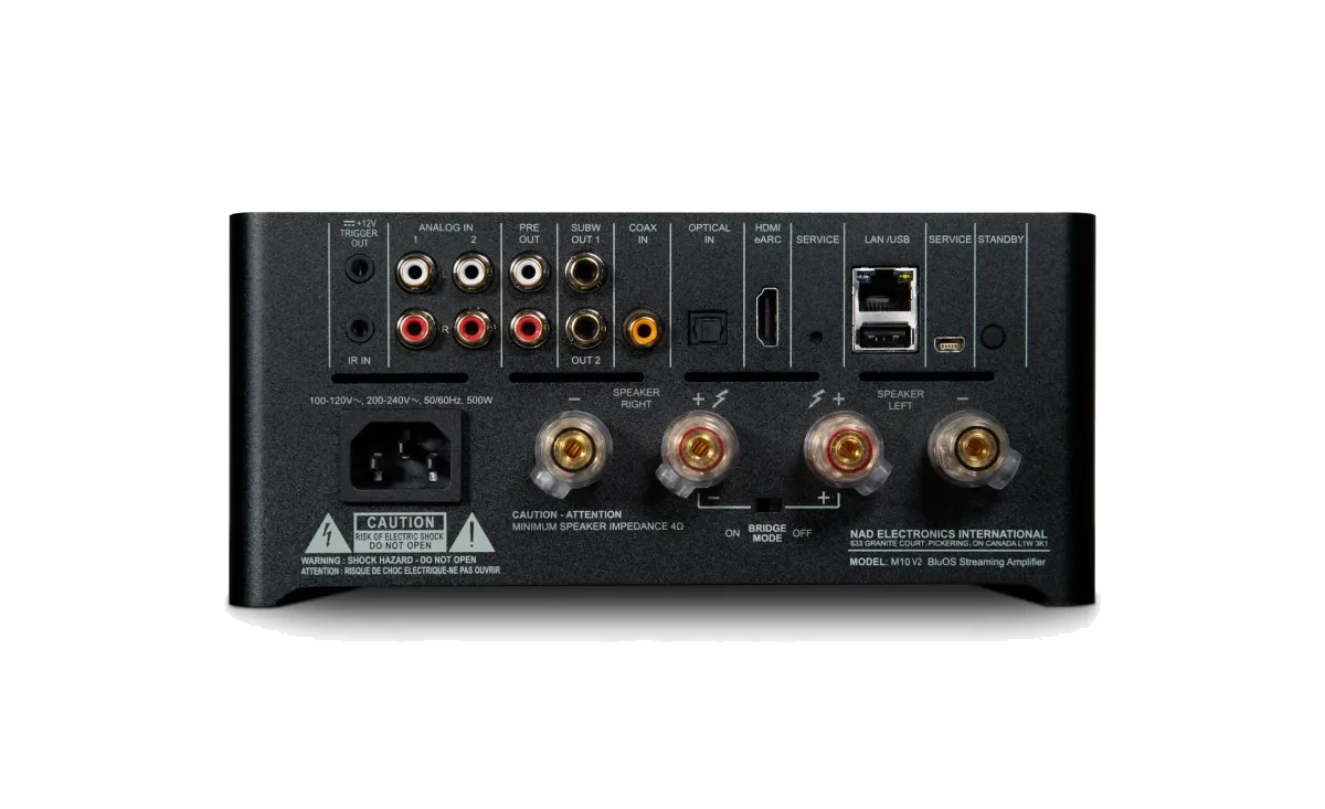 NAD M10 V2 Integrated Streaming Amplifier - [2x100W DAC USB BT Wi-Fi BluOS HDMI Phono] rear panel at Toma Audio