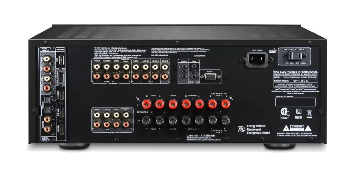 NAD T 758 v3i AVR - [7.1x60W 4K DAC BluOS Wi-Fi USB BT] rear panel at Toma Audio