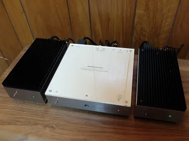 Close-up of the compact Sparkler Audio amplifier chassis and front-panel controls